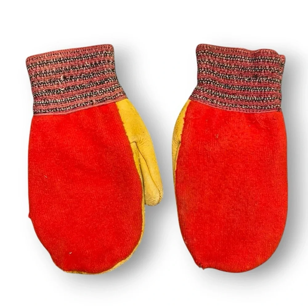 Vintage Leather Wool Chopper Mittens Red Work Hunting Cold Weather Gloves USA